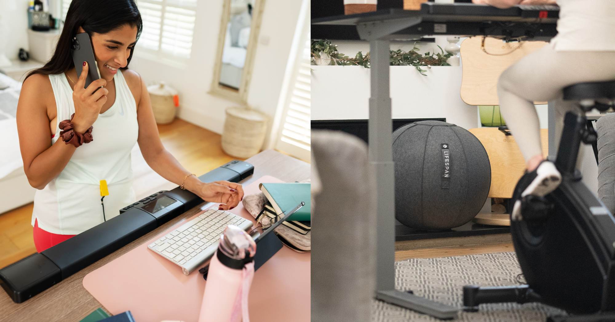 A lady working from home, she is on the phone whilst on a walking pad and she can also been seen on an exercise bike