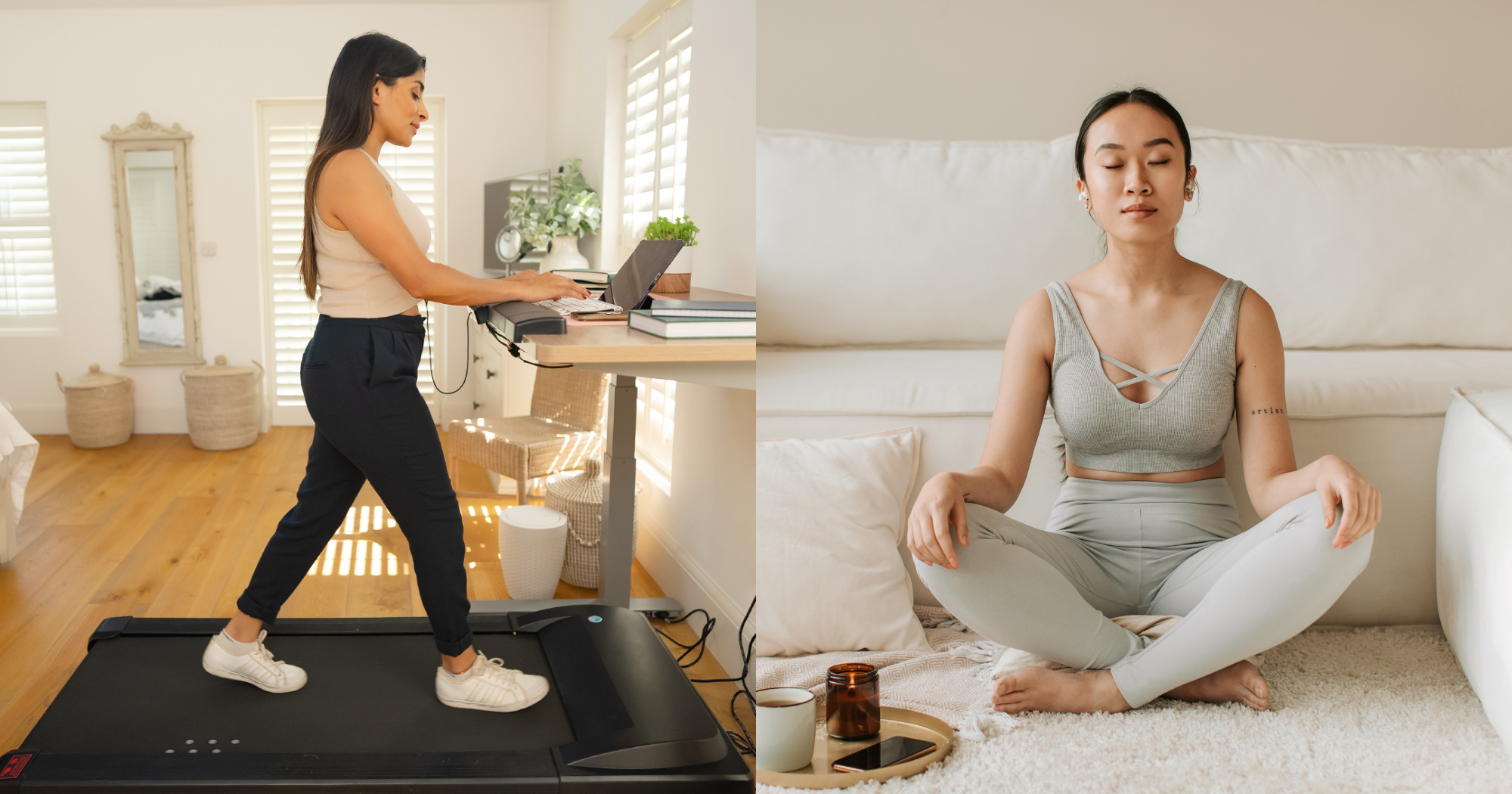 Two females demonstrating 'habit stacking'. One is using a walking pad whilst working, the other is meditating with her morning coffee.