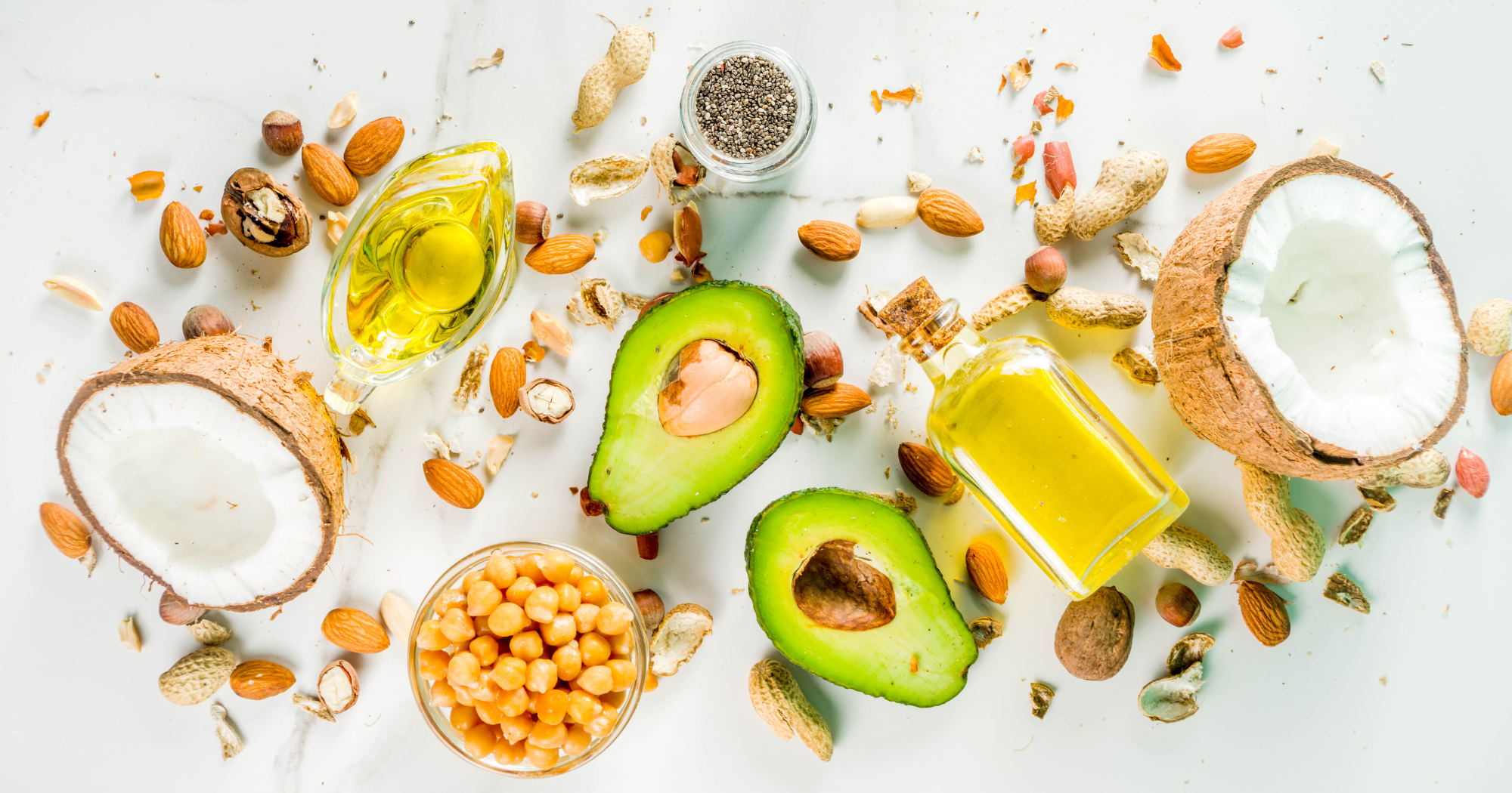 healthy fats (monounsaturated and polyunsaturated) avocados, nuts, seeds, and olive oil