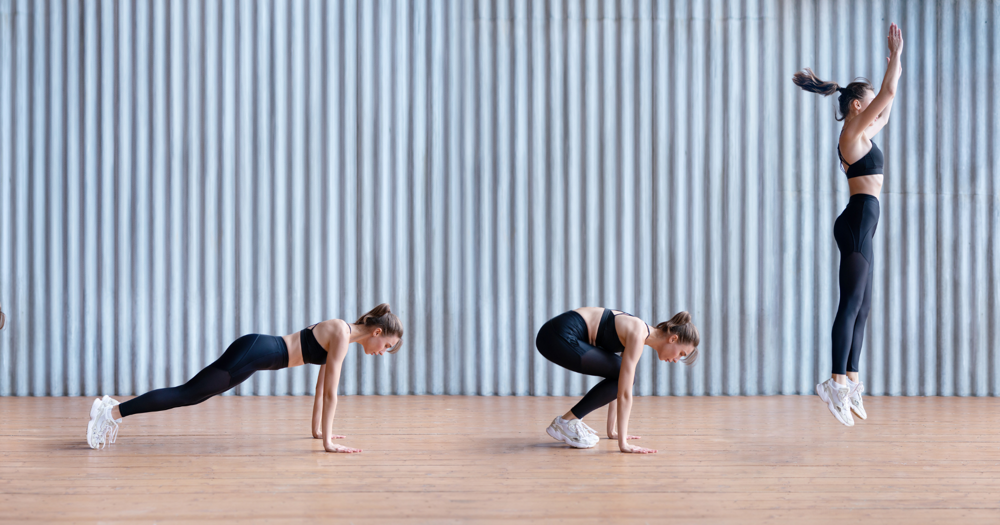 step by step process of a woman doing burpees