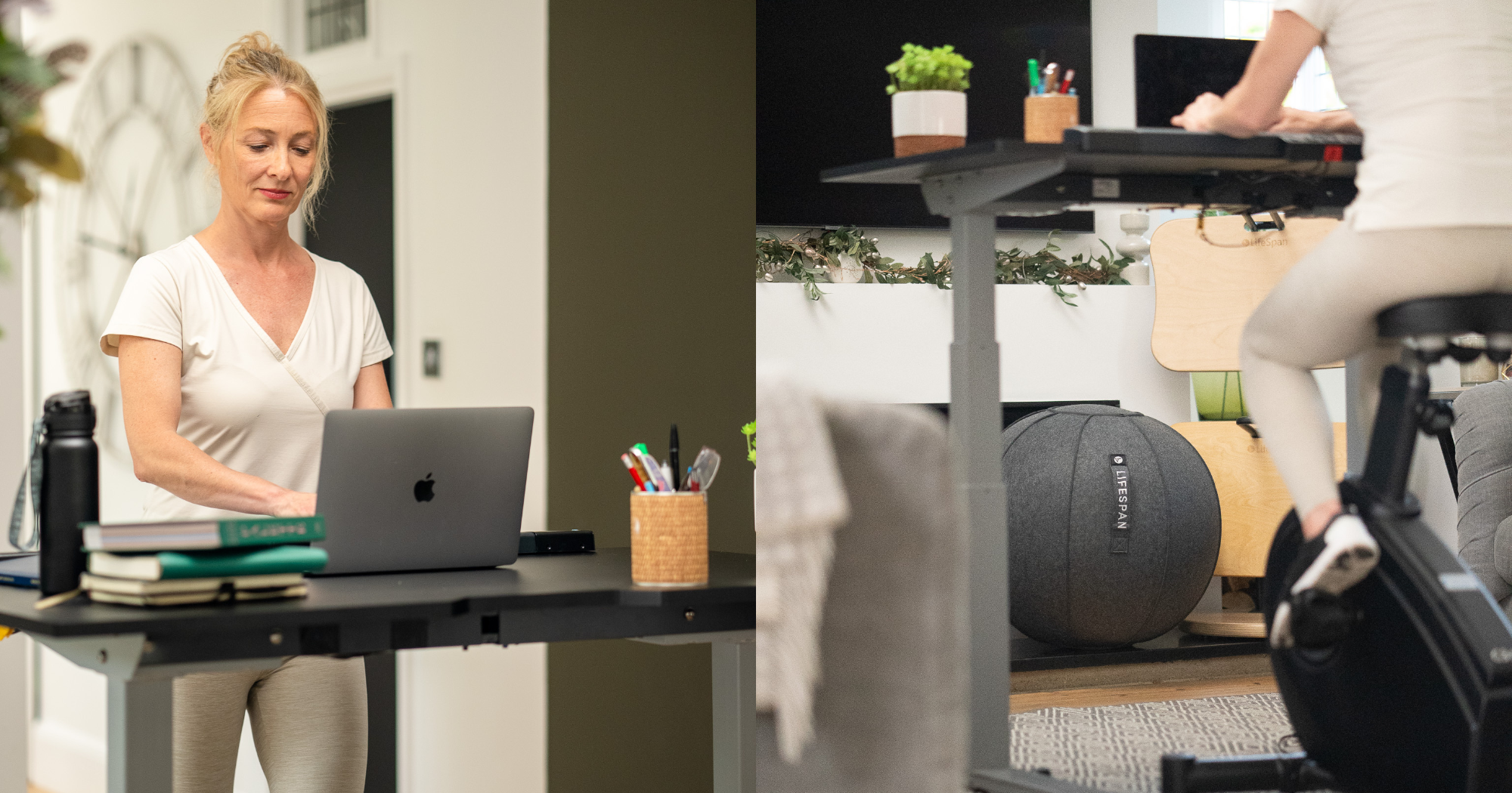 Promoting Wellness Culture in the Workplace: female using a walking pad and exercise bike whilst working